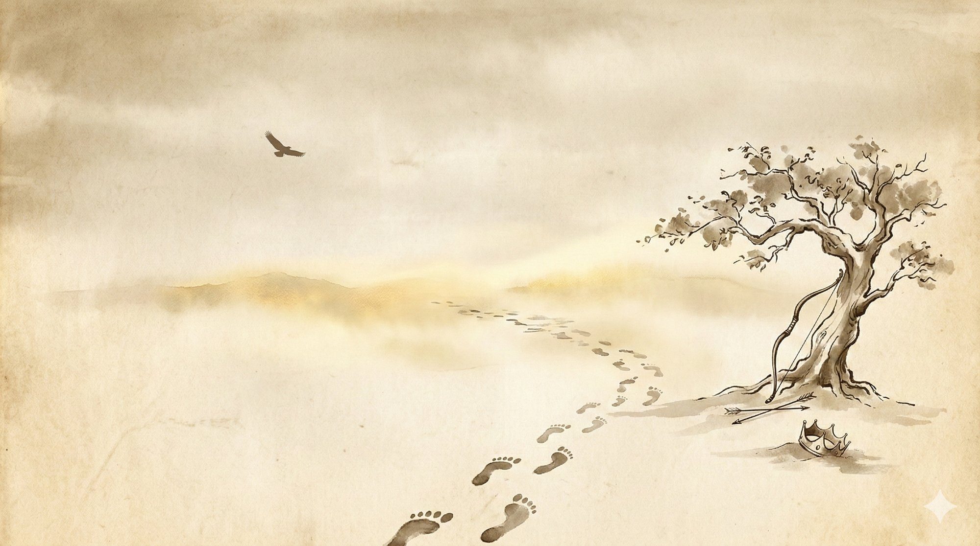 Footprints in the sand with a bow and crown